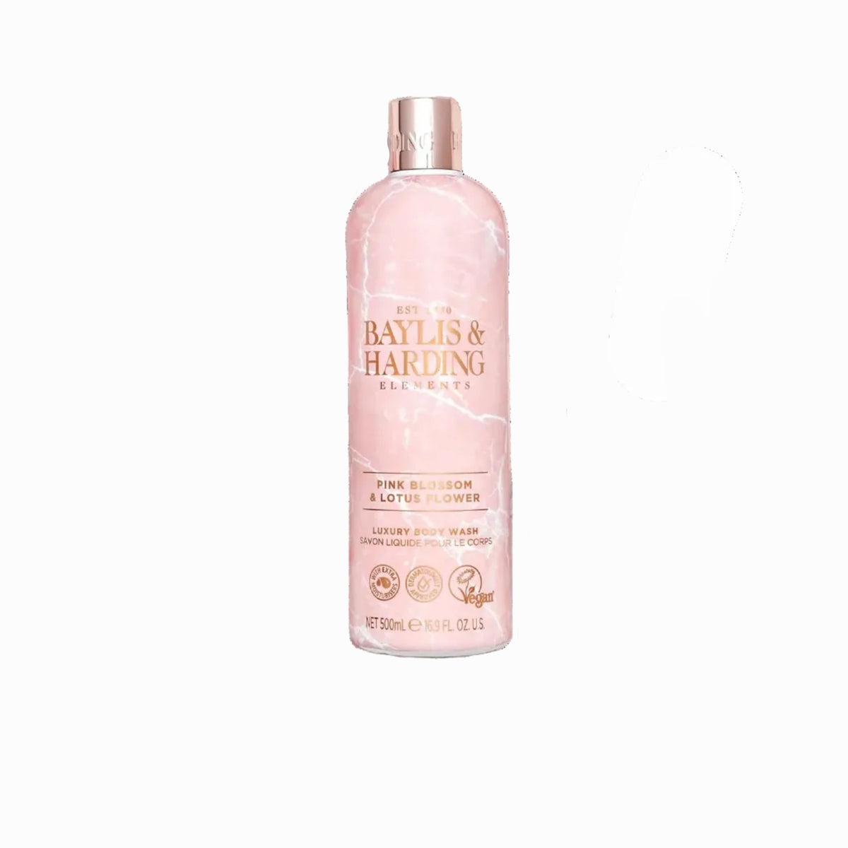 Pink bottle of Baylis & Harding body wash with cherry blossoms on a light background