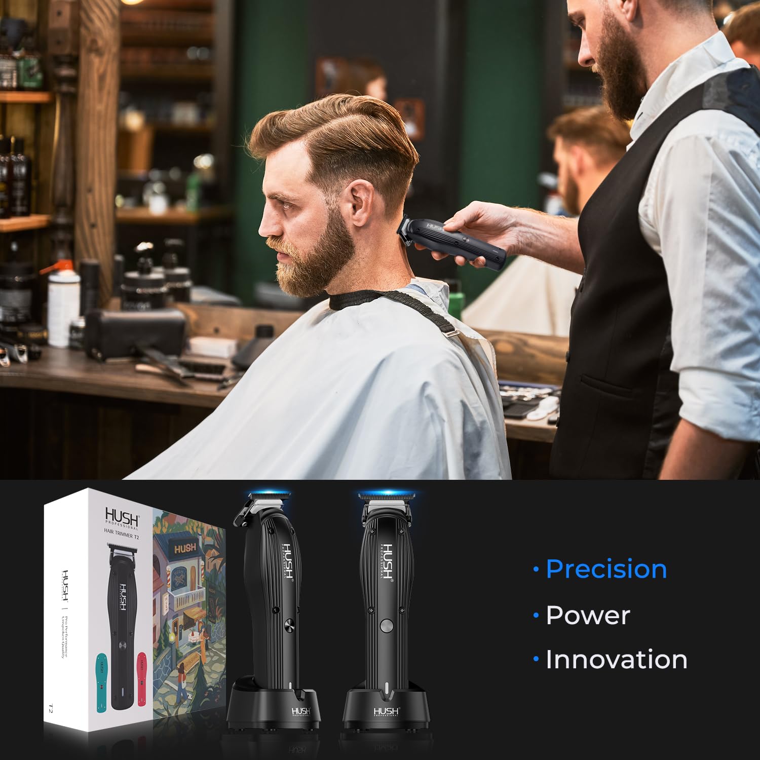 Hush Professional Hair Trimmer T2 for Men – Beard Trimmer with Fourth-Gen T-Outliner Blade, 7200 RPM Powerful Motor, Low Noise Cordless Trimmer with 2 Interchangeable Body Kits
