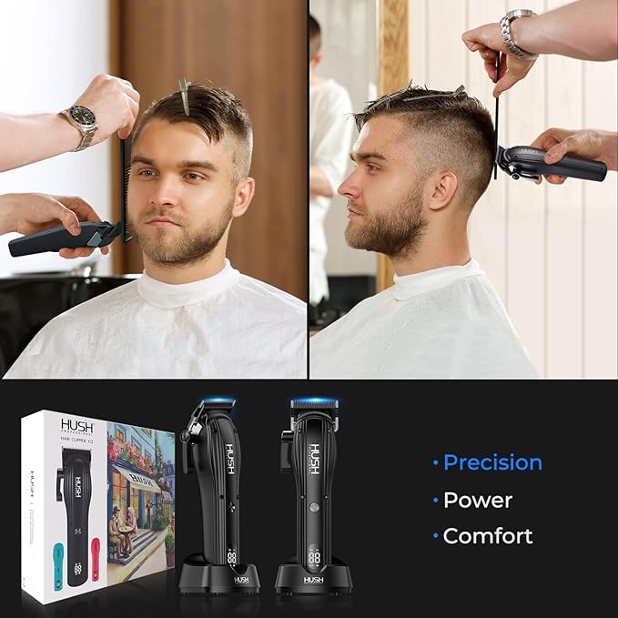HUSH PROFESSIONAL Cordless Hair Clipper for Men – Low Noise Clippers with 2 Interchangeable Body Kits, Powerful Motor with Long Motor Life, Cool Blade Technology, 4H Fast Charging, LED Display