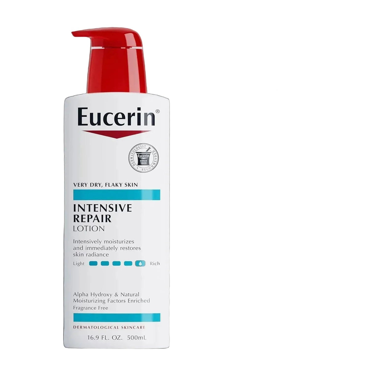 Eucerin Intensive Repair Lotion bottle with features listed on a light blue background