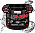 Labrada Glutamine supplement container with water splash on a white background