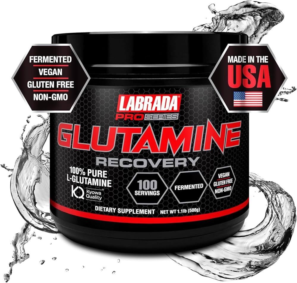 Labrada Glutamine supplement container with water splash on a white background
