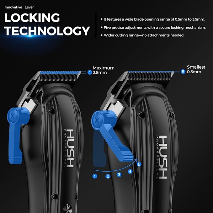HUSH PROFESSIONAL Cordless Hair Clipper for Men – Low Noise Clippers with 2 Interchangeable Body Kits, Powerful Motor with Long Motor Life, Cool Blade Technology, 4H Fast Charging, LED Display