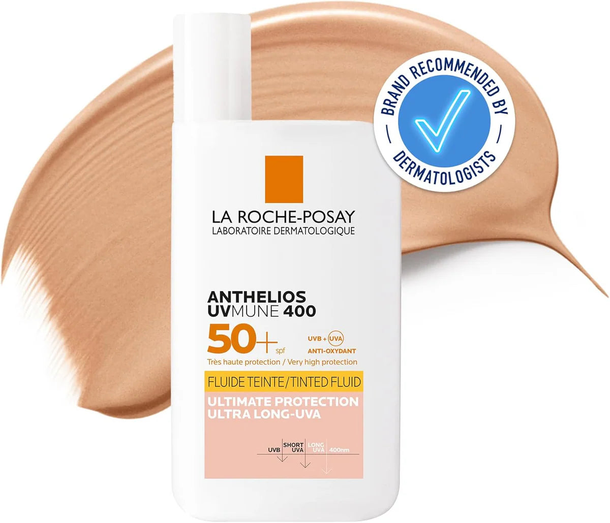 La Roche-Posay sunscreen fluid with a dermatologist recommendation label on a white background