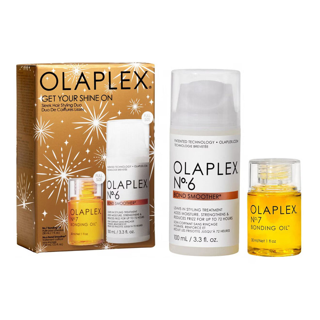 Olaplex hair care products including a box, bottle, and oil on a white background