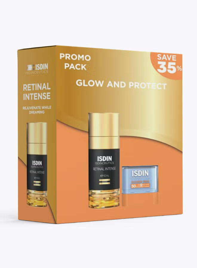 ISDIN skincare promo pack with two bottles and a box on a white background