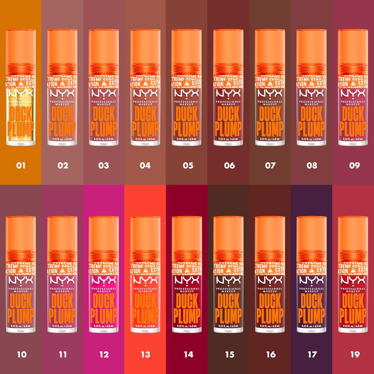 Collection of NYX Professional Makeup Duck Plum lip glosses in various shades on a gradient background.