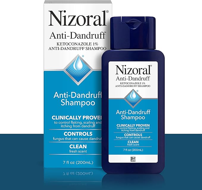 Nizoral Anti-Dandruff Shampoo bottle and packaging on a white background