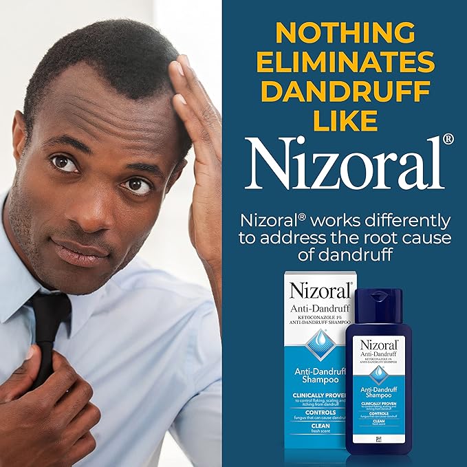 Advertisement for Nizoral anti-dandruff shampoo featuring a man with dandruff and product packaging.