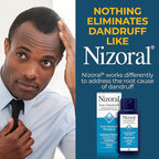 Advertisement for Nizoral anti-dandruff shampoo featuring a man with dandruff and product packaging.