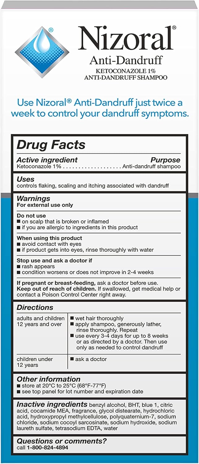 Nizoral Anti-Dandruff shampoo box with drug facts label
