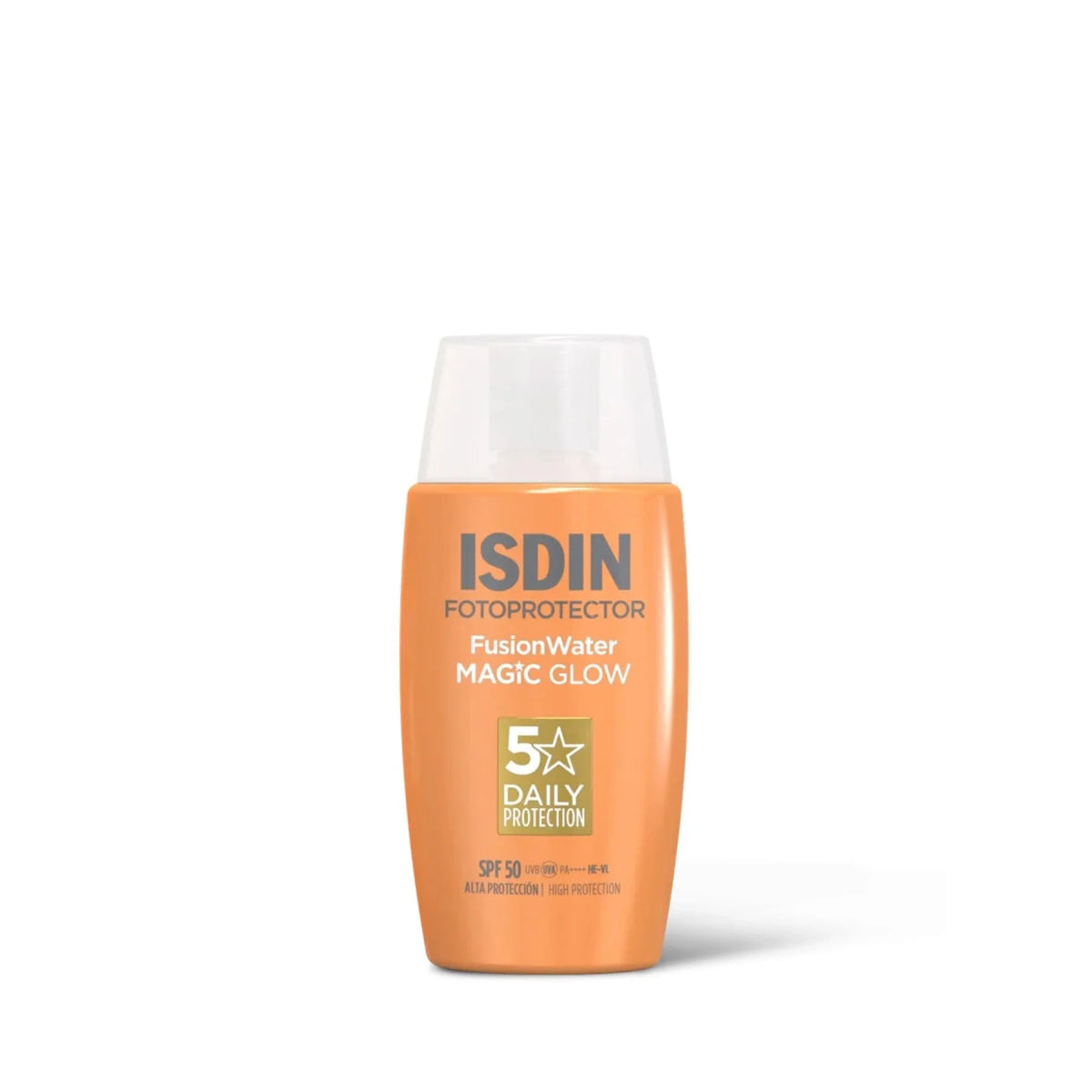 ISDIN FusionWater Magic Glow sunscreen bottle on a white background