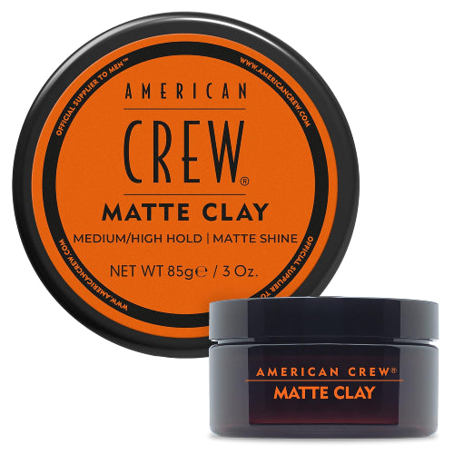 American Crew Matte Clay jar with orange lid on a white background