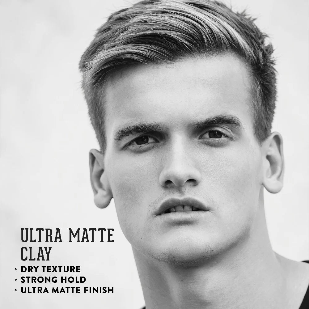 Black and white portrait of a man with text about Ultra Matte Clay product features.
