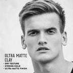 Black and white portrait of a man with text about Ultra Matte Clay product features.