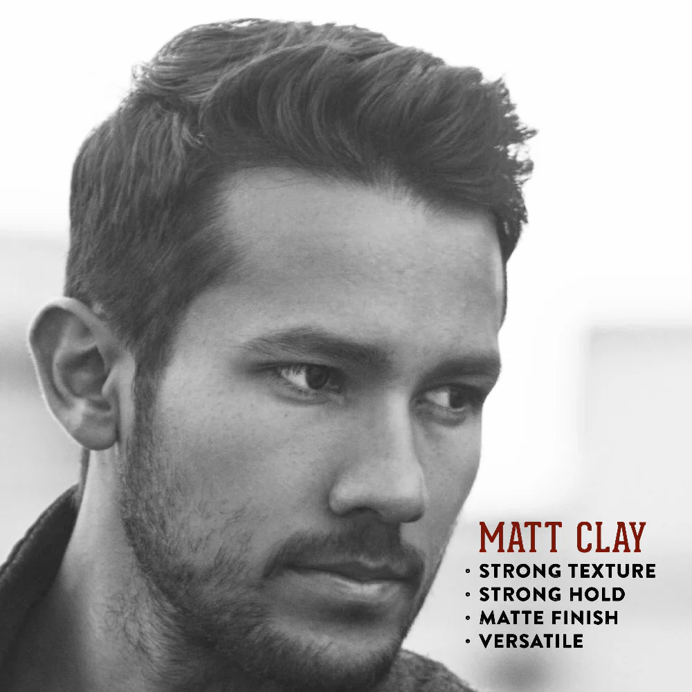 Man with styled hair and text about Matt Clay hair product on a white background