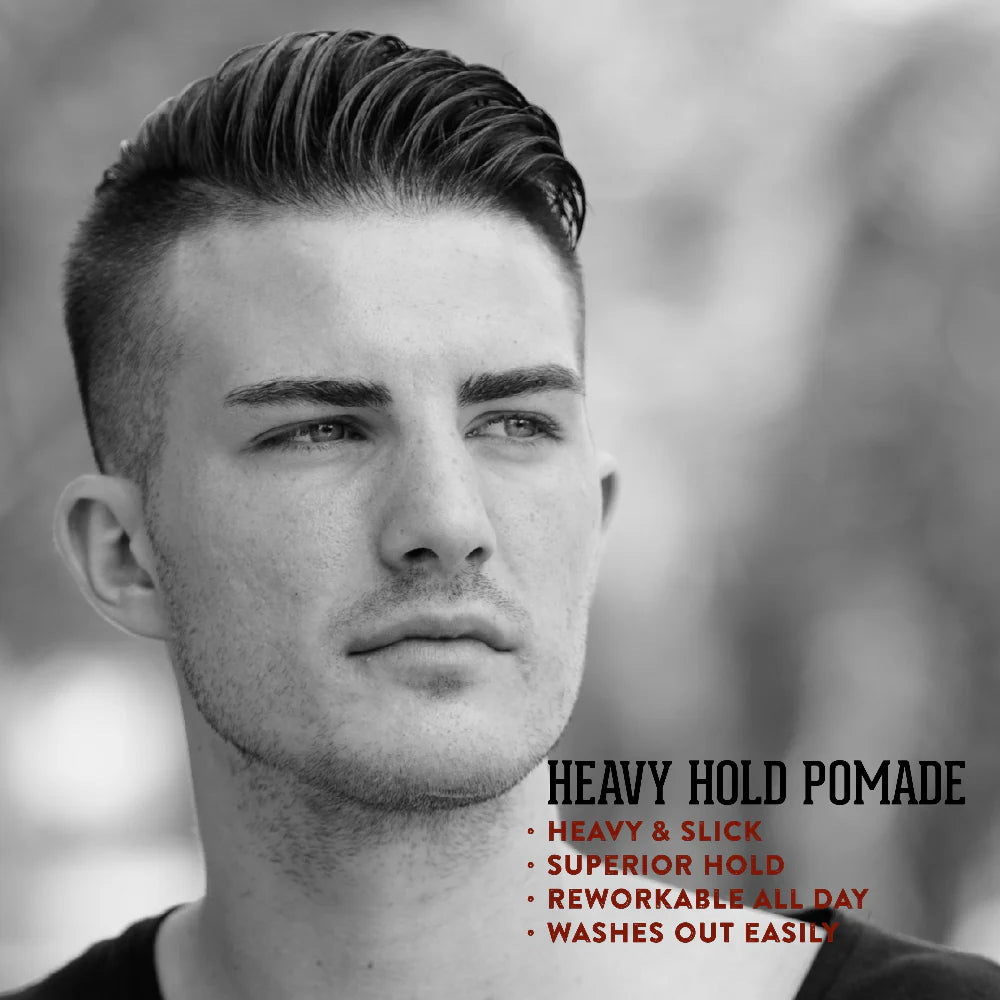 Man with styled hair and promotional text for heavy hold pomade.