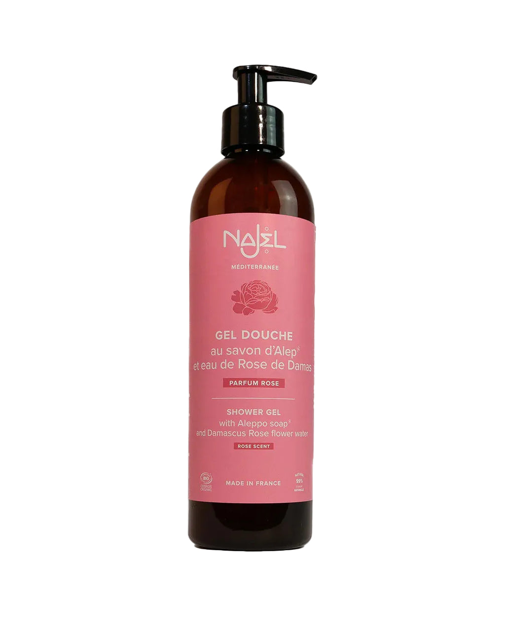 Brown bottle with pink label on a white background