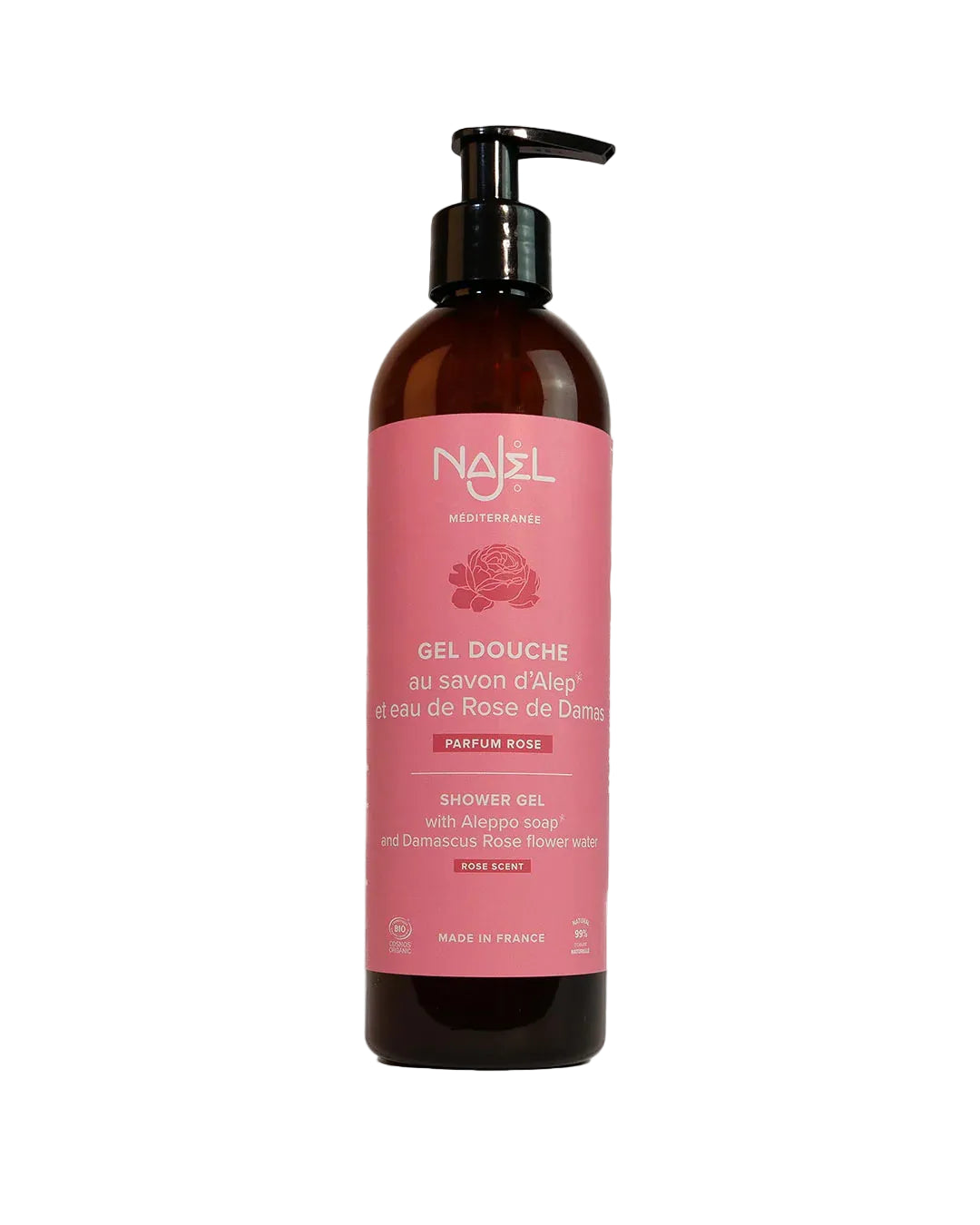 Brown bottle with pink label on a white background