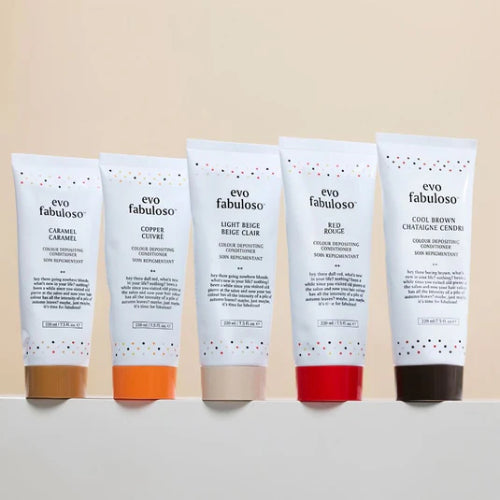Five evo fabuloso hair color products on a beige background