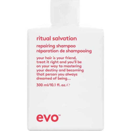 Shampoo bottle labeled 'ritual salvation' by evo on a white background