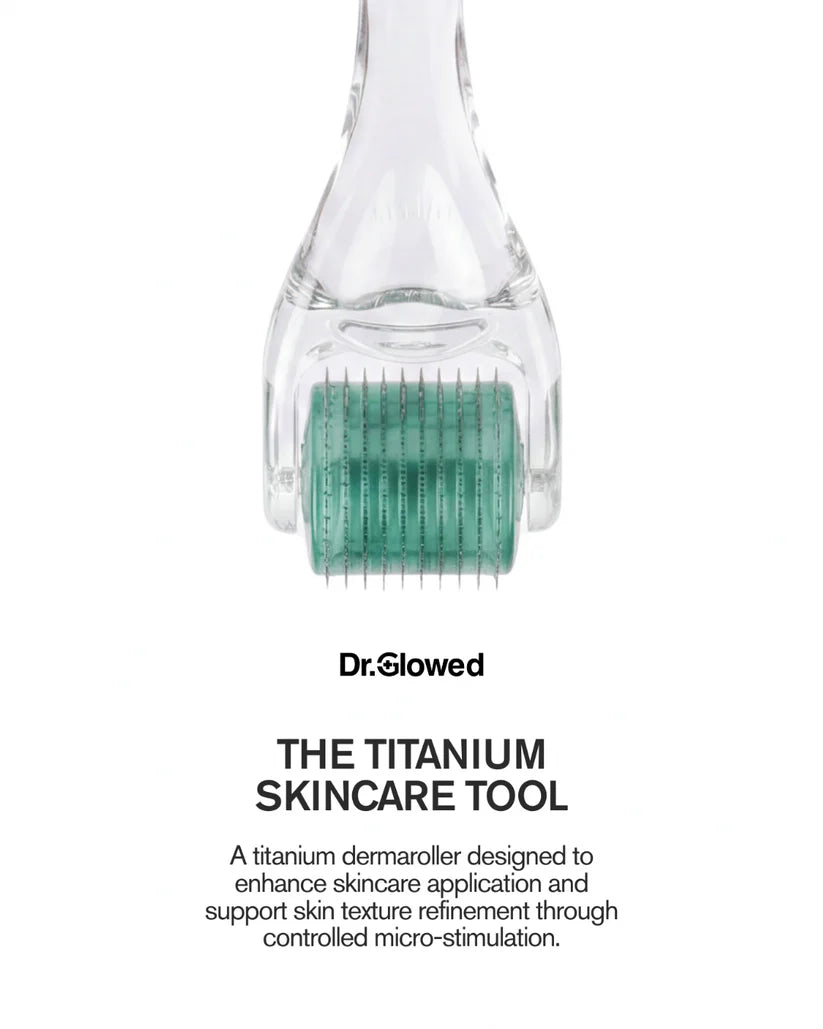 Dr. Glowed Titanium Skincare Tool dermal roller on a white background with product text below.
