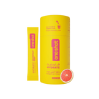 A yellow OneShot Hydrate grapefruit snap stick pack and its matching yellow cylindrical container with Arabic text and a grapefruit slice graphic, shown on a white background.