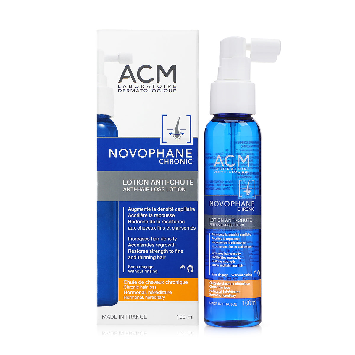 ACM Novophane Chronic anti-hair loss lotion with packaging on a white background