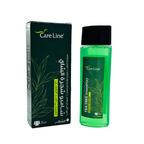 Care Line Tea Tree Shampoo bottle and packaging box, featuring a translucent green bottle with a black cap and a dark green box with white and yellow text.