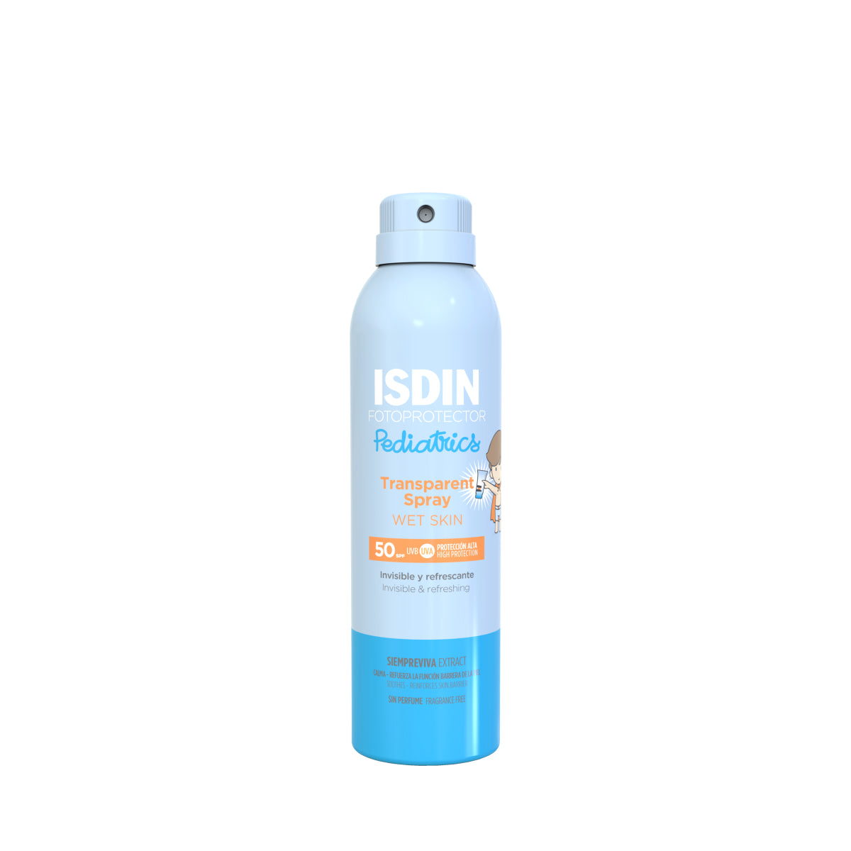 ISDIN sunscreen spray bottle on a white background
