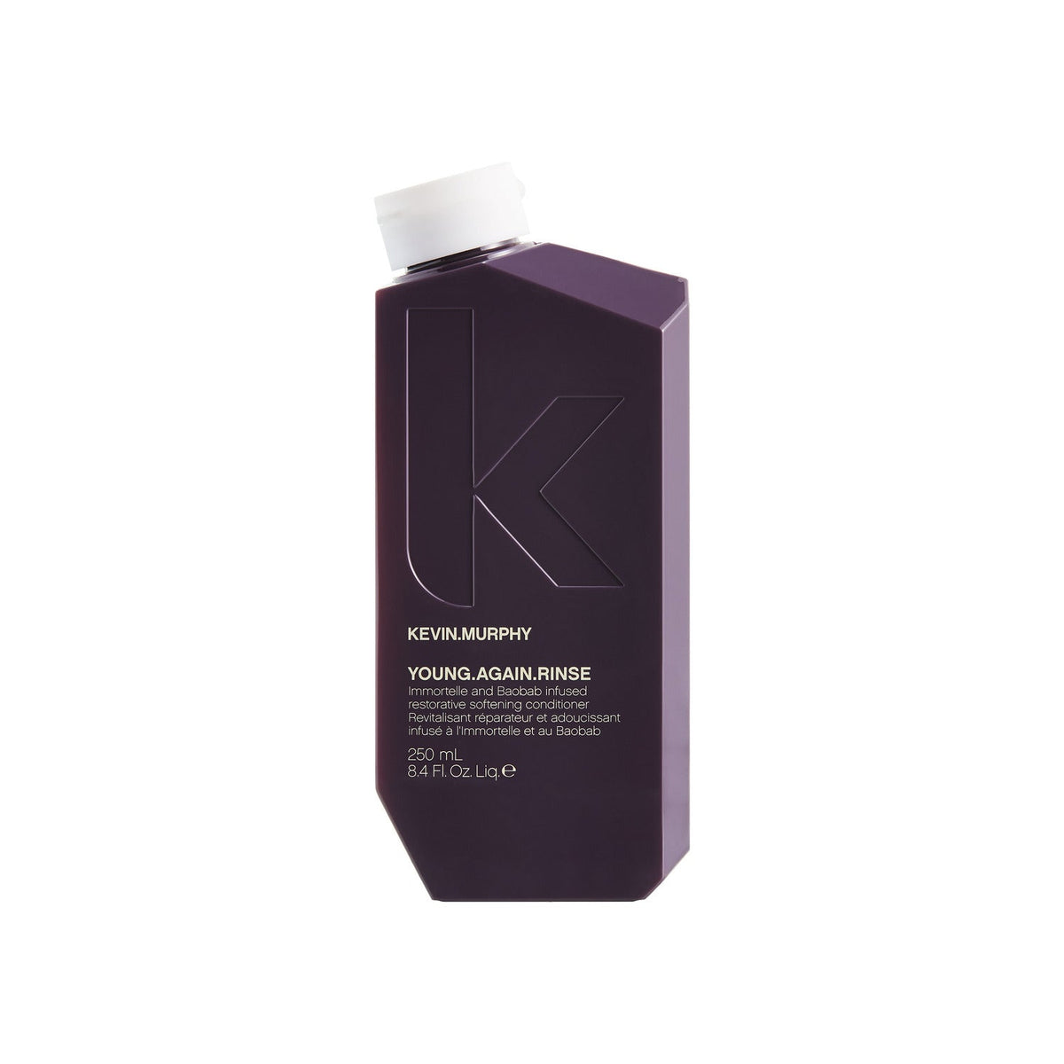A bottle of Kevin Murphy Young Again Rinse hair conditioner with a purple label and cap, on a white background.