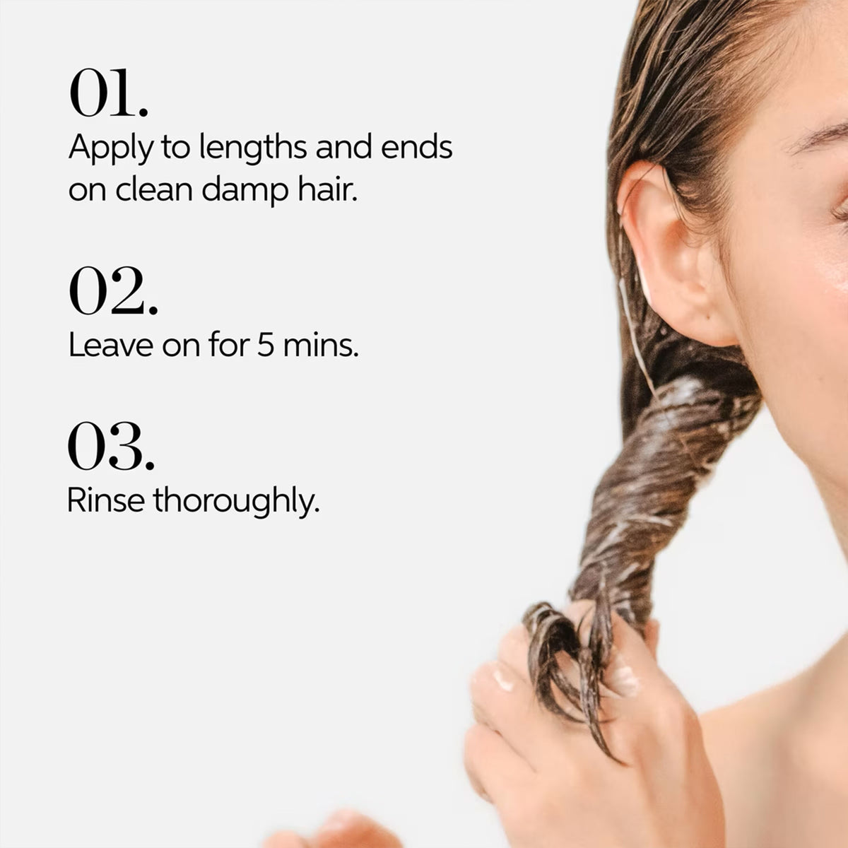 Woman with wet hair and hair care instructions on a white background