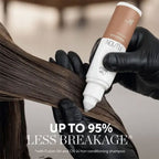 Person applying hair care product with text about reduced hair breakage