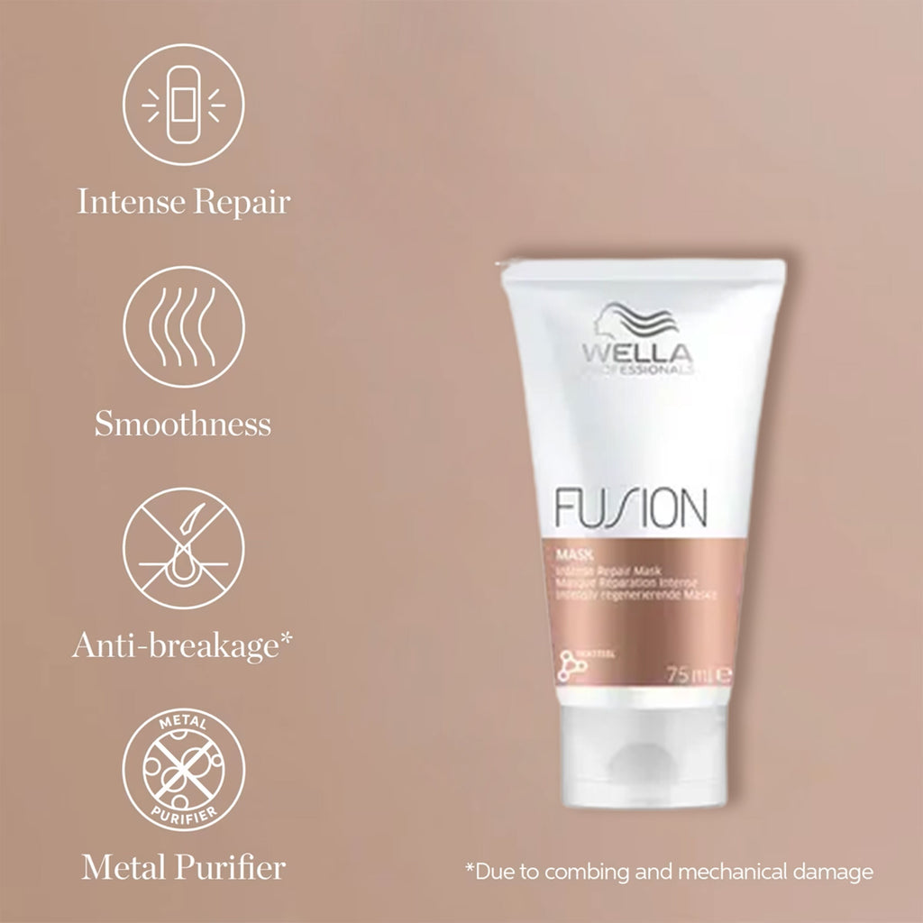 Wella Fusion mask tube with benefits listed on a beige background
