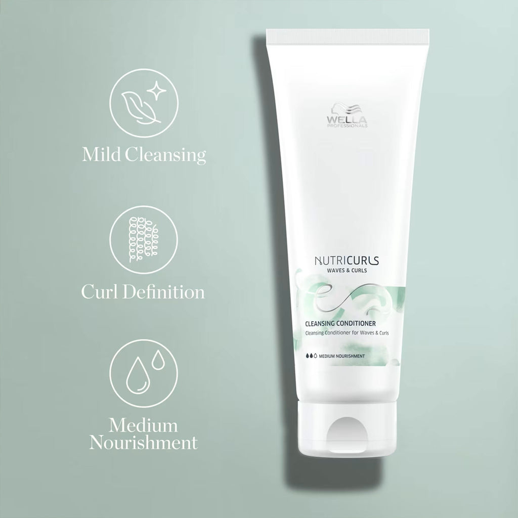 Wella Nutricurls cleansing conditioner on a light gray background with icons and text.