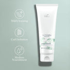 Wella Nutricurls cleansing conditioner on a light gray background with icons and text.