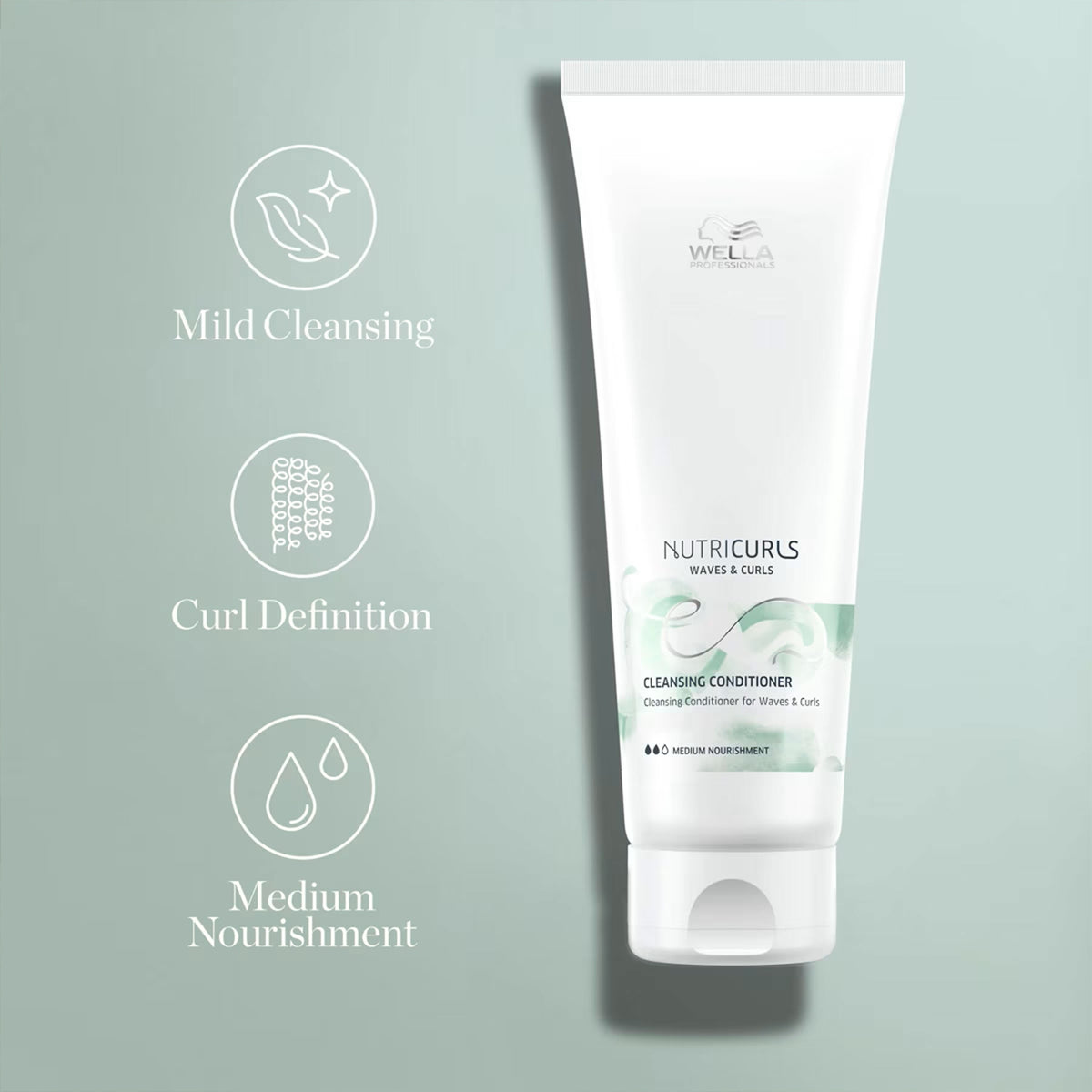Wella Nutricurls cleansing conditioner on a light gray background with icons and text.