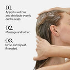 Person applying shampoo to wet hair with text instructions on a white background