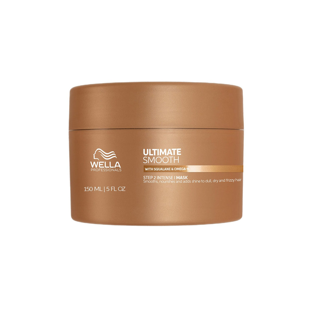 Brown jar of Wella Ultimate Smooth hair mask on a white background