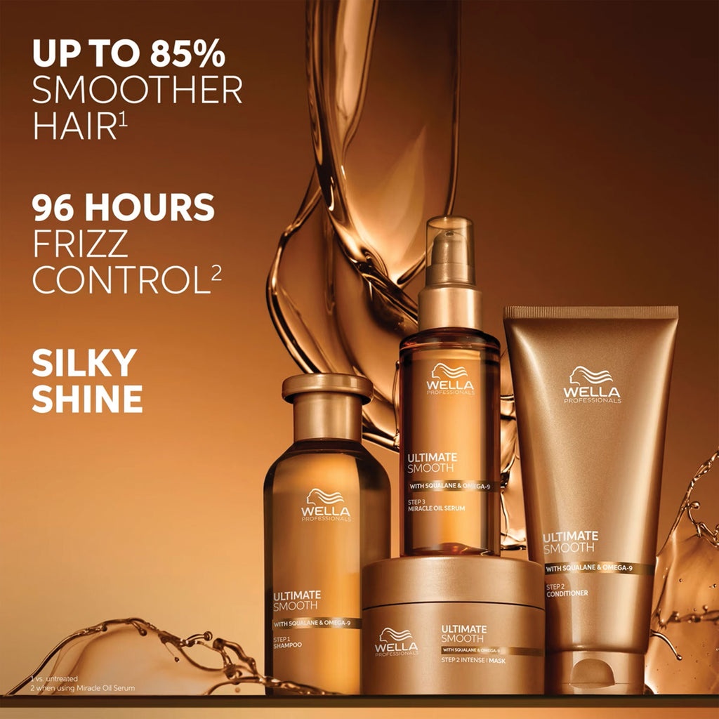 Wella hair care products with promotional text on a brown background