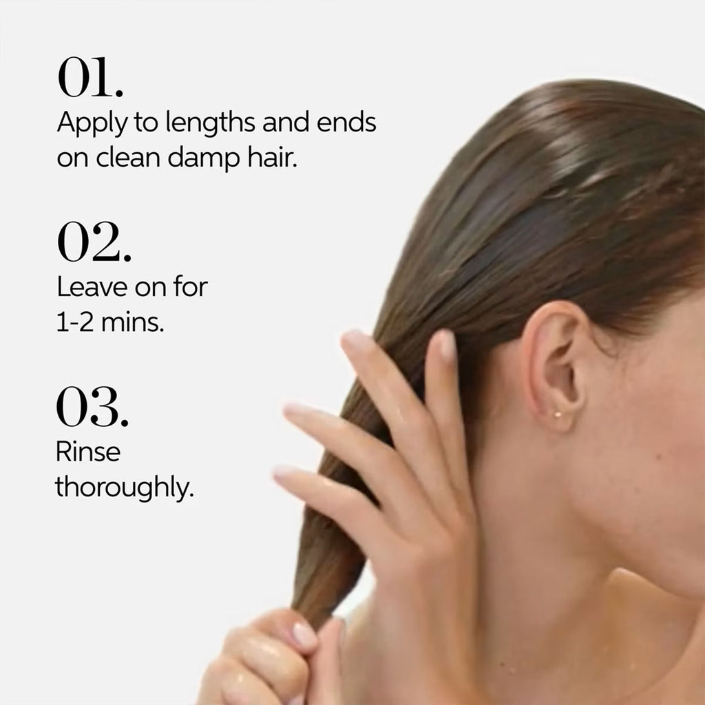 Woman applying hair product with text instructions on a white background