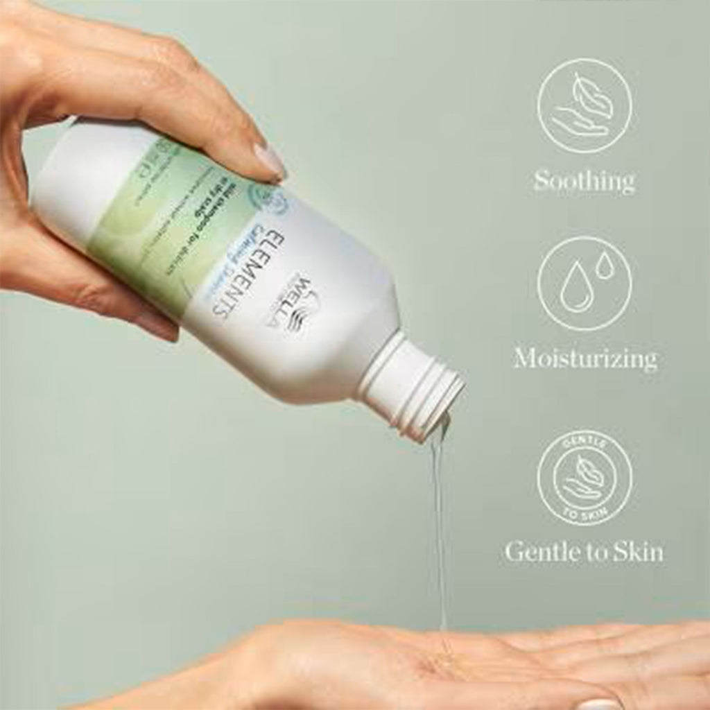Hand holding a bottle of skincare product with text indicating 'Soothing', 'Moisturizing', and 'Gentle to Skin'.