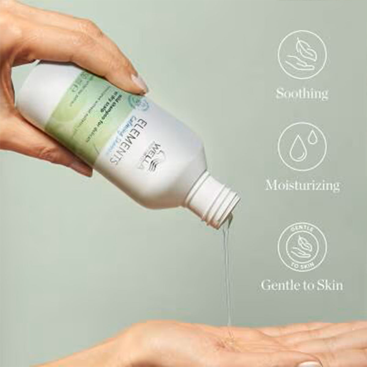 Hand holding a bottle of skincare product with text indicating 'Soothing', 'Moisturizing', and 'Gentle to Skin'.