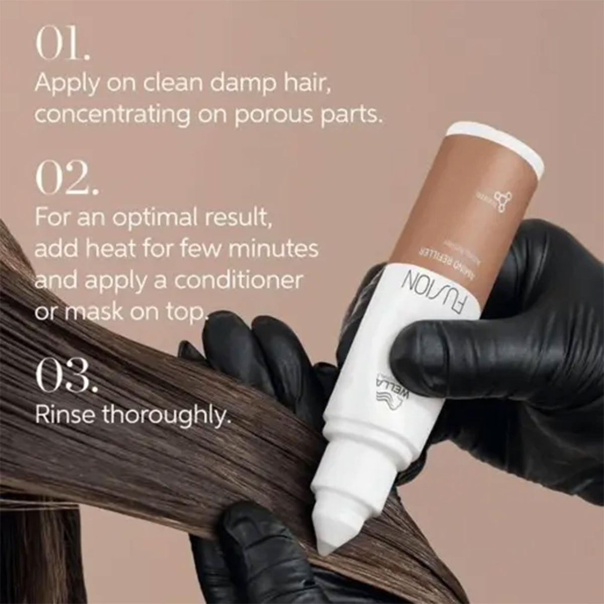 Hair care product application with text instructions on a beige background