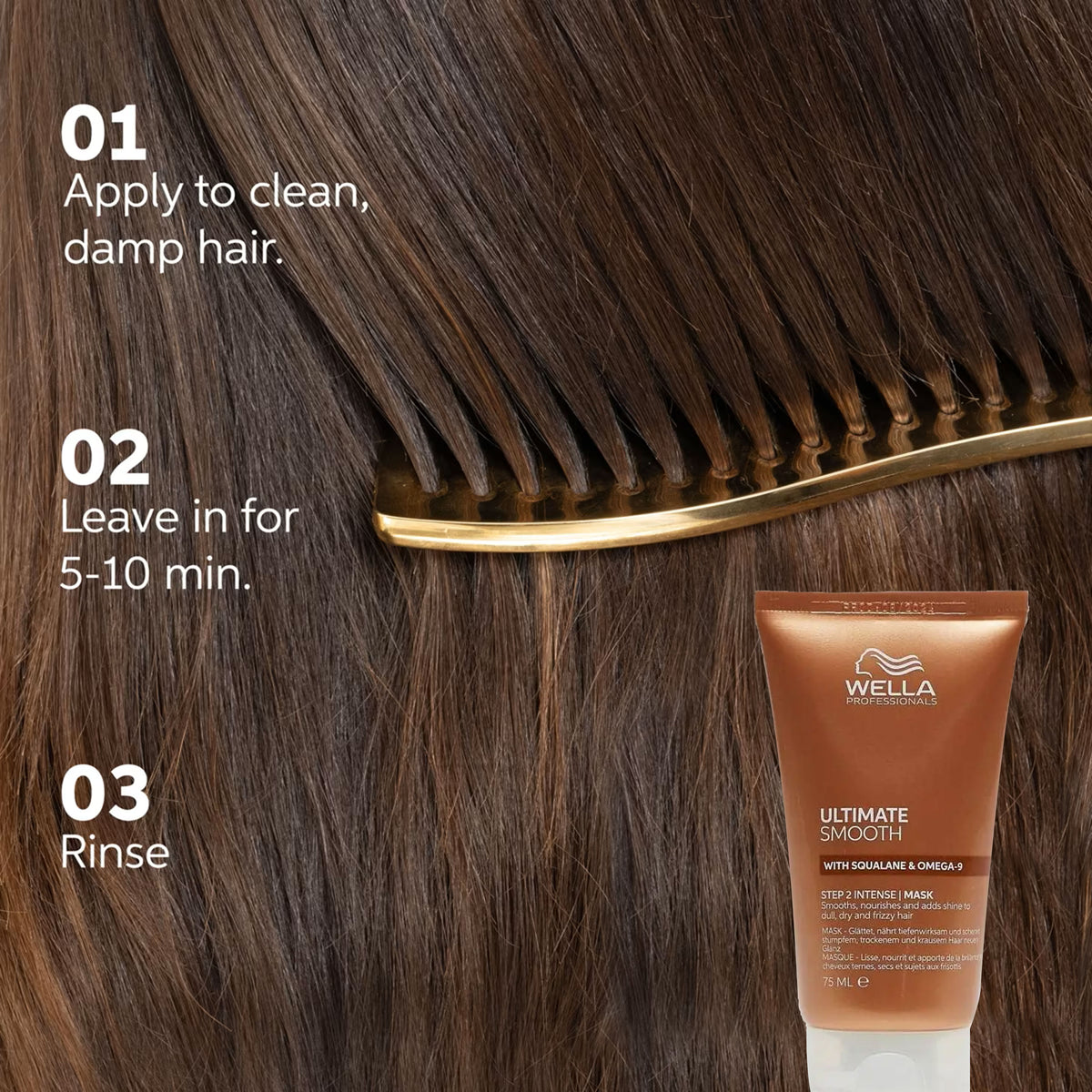 Wella hair care product with instructions on applying to damp hair, leaving it in for 5-10 minutes, and rinsing.