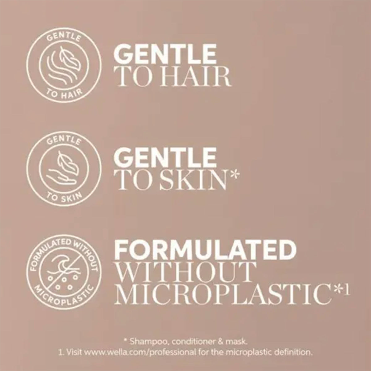 Product label with 'Gentle to Hair', 'Gentle to Skin', and 'Formulated without Microplastic' claims on a beige background.