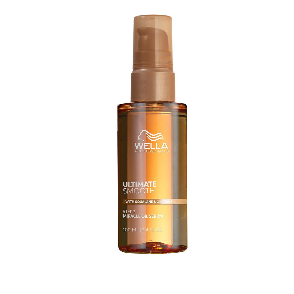 Wella bottle of Ultimate Smooth oil serum on a white background