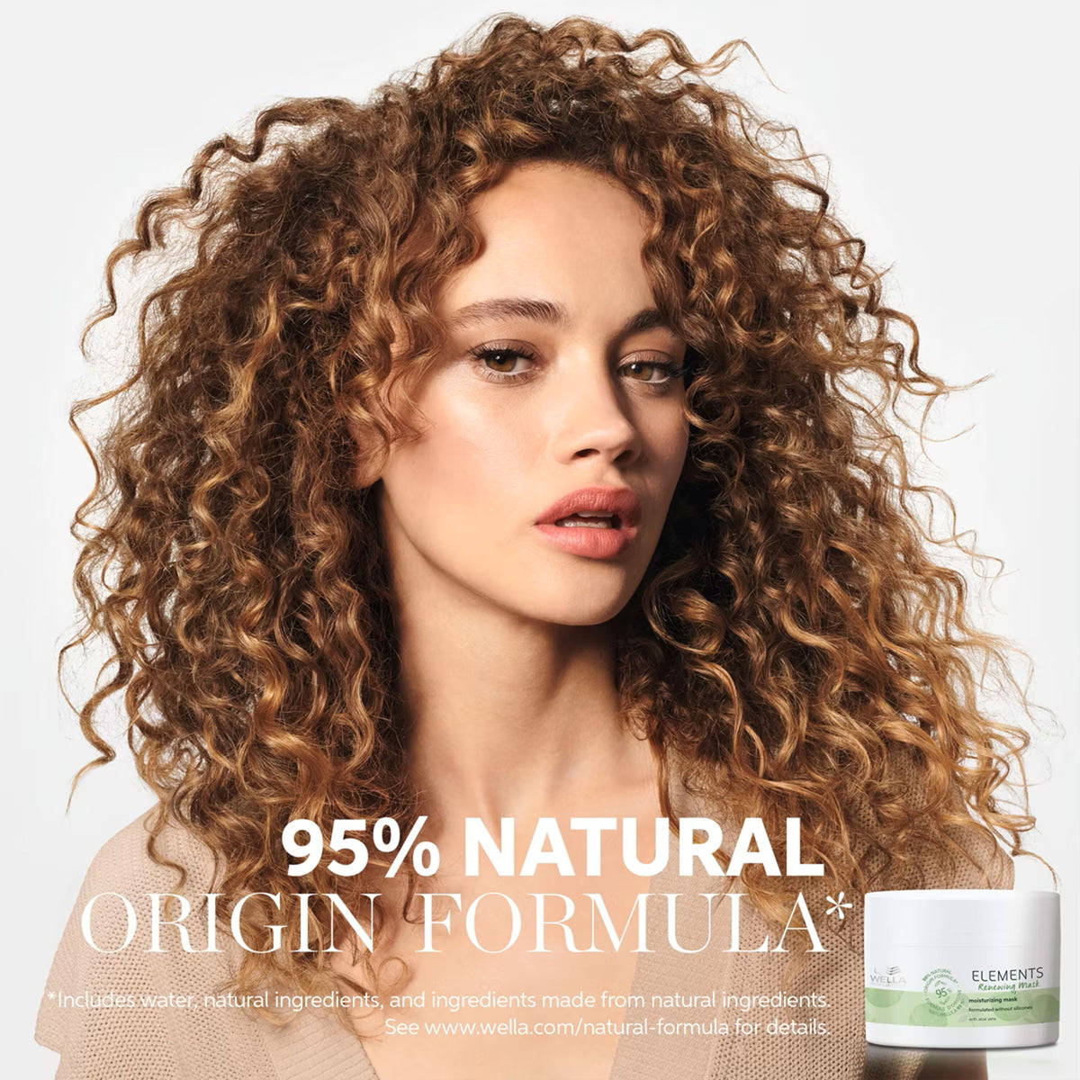Woman with curly hair featuring a Wella product on a light background