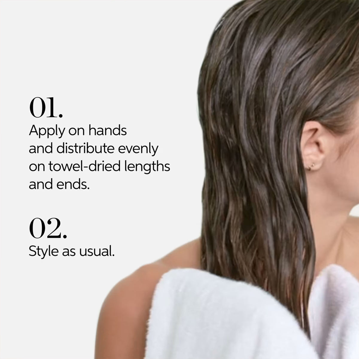Woman with towel around shoulders and text instructions on a white background