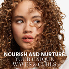 Woman with curly hair looking directly at the camera with text 'Nourish and Nurture Your Unique Waves & Curls' on a white background.